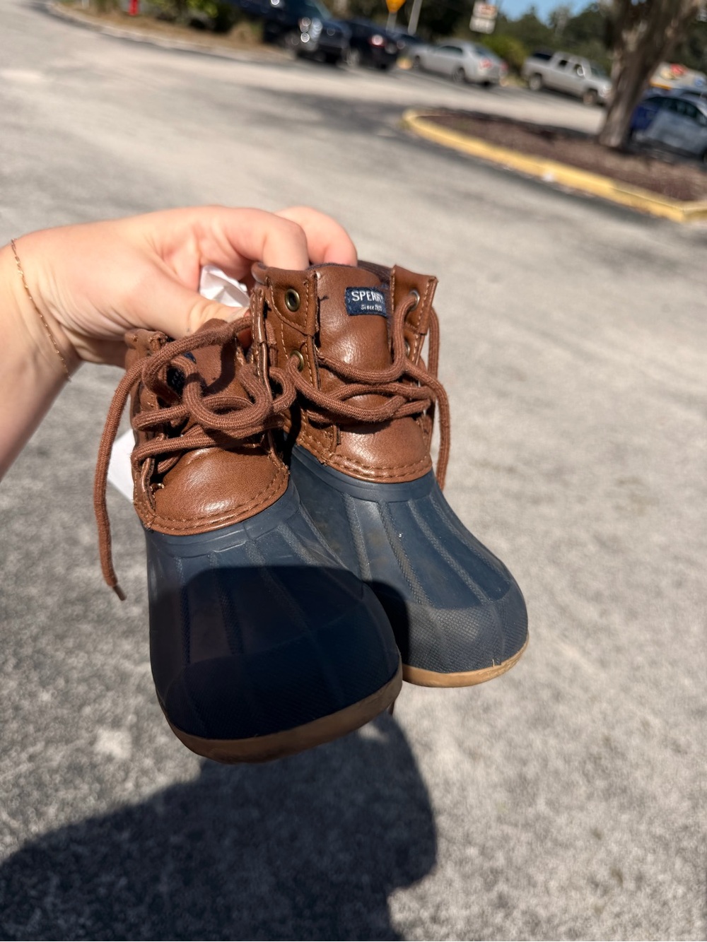 Sperry Navy and Brown Kids Duck Rain Boots